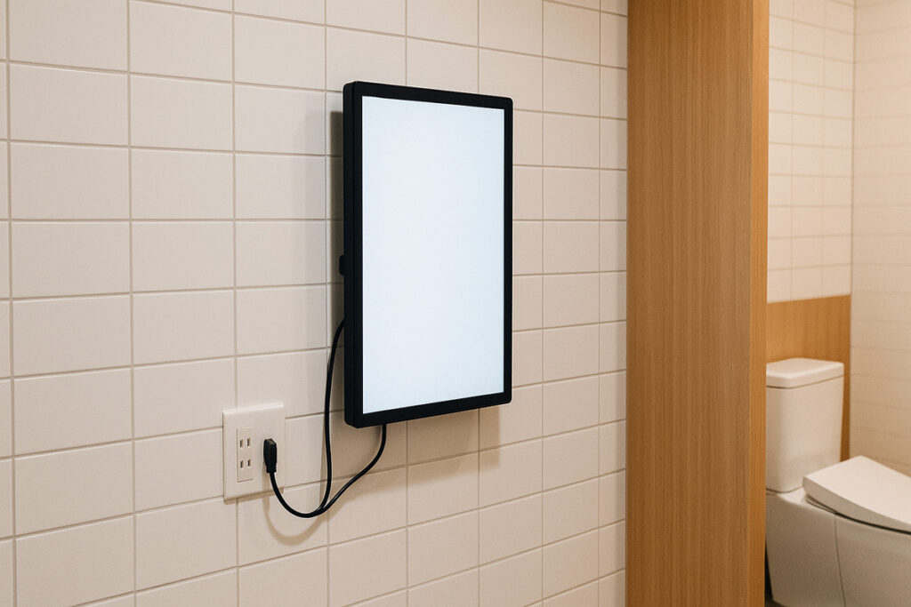 日本の公共トイレの壁に設置されたシンプルなデジタルディスプレイ、電源接続や設置構造が確認できる様子