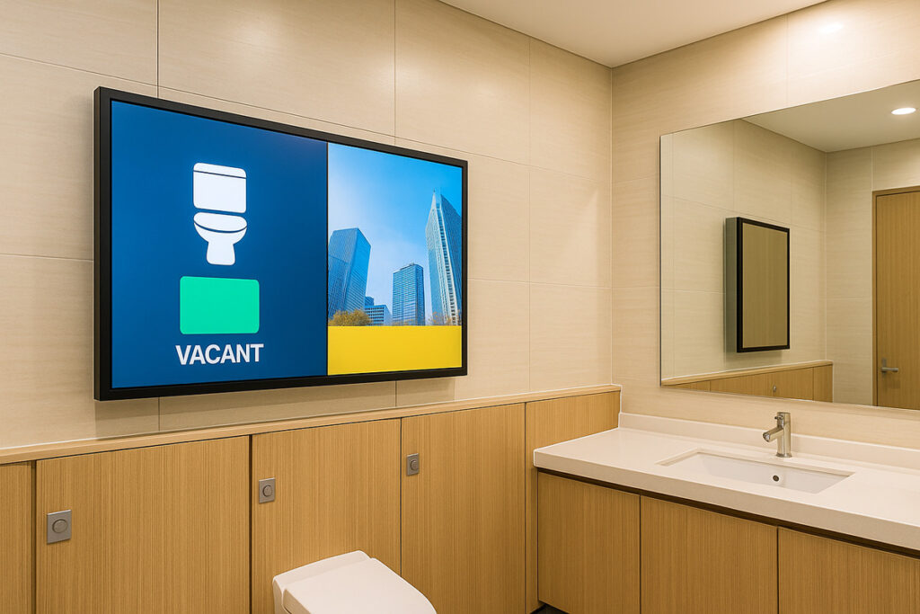 日本の商業施設の清潔なトイレに設置された大型デジタルサイネージが、空室状況と広告を同時に表示している様子
