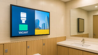 日本の商業施設の清潔なトイレに設置された大型デジタルサイネージが、空室状況と広告を同時に表示している様子