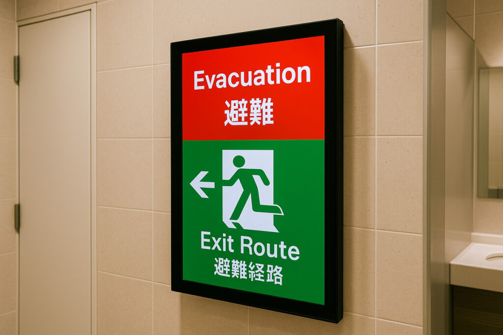 日本の公共施設トイレ内に設置されたデジタルサイネージが、避難経路を多言語とアイコンで表示している様子