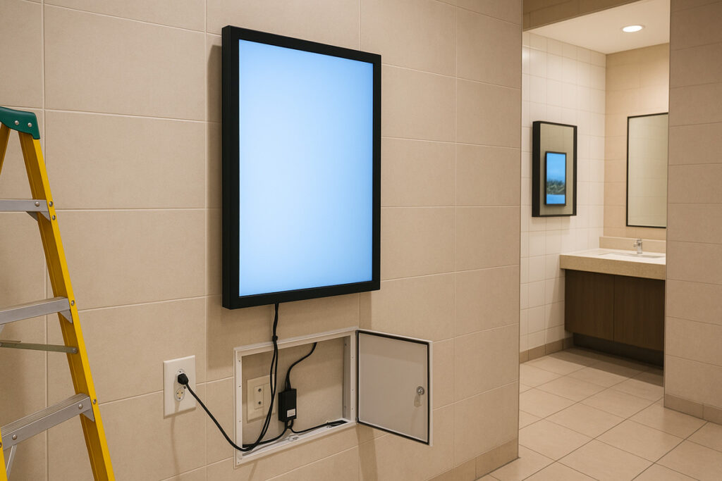 日本の施設トイレで設置作業中のデジタルサイネージ、配線や起動直後のディスプレイが見える様子