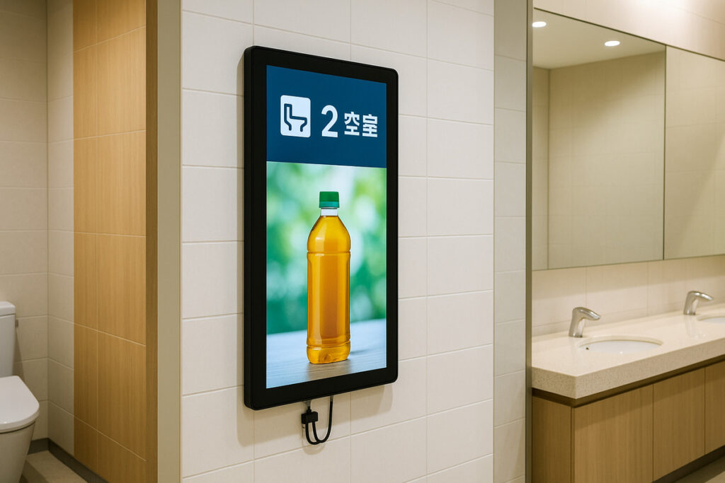 日本の商業施設トイレに設置されたデジタルサイネージ、空室情報と広告を同時に表示し収益性を示唆する様子