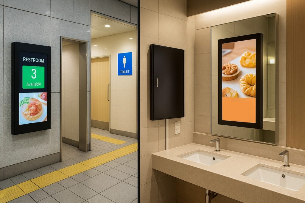 日本の駅トイレ入口と商業施設洗面所に設置されたデジタルサイネージ、空室情報と広告を表示している様子